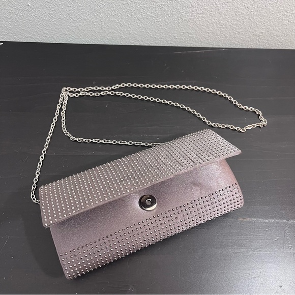 Gunmetal Studded Satin Evening Clutch | Silver Chain Crossbody Envelope Bag - Picture 2 of 14